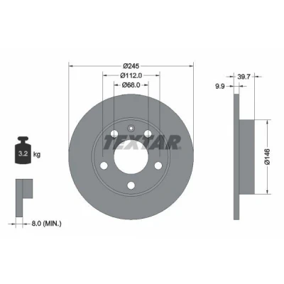 Abbildung von TEXTAR 92106200 Bremsscheibe 245 9,9 05/06 112 voll ohne Radbefestigungsbolzen, Radnabe AUDI: A4 B7 Avant, B6 Saloon
