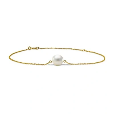 Abbildung von Miore Schmuck Damen Armband mit weiße runde Süßwasserperle 7.5 mm Armkette aus Gelbgold 14 Karat / 585 Gold, Länge Einstellbar 17.5 21.5cm