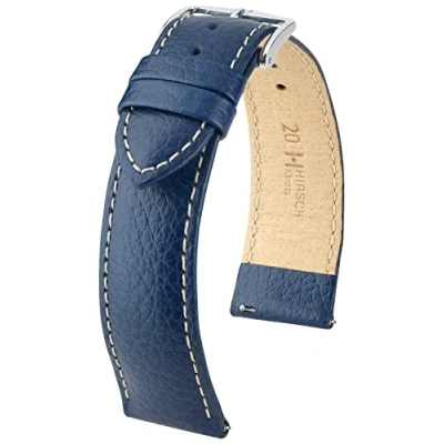 Abbildung von HIRSCH Uhren Armband Kansas L Uhr Band aus widerstandsfähigem Kalbs Leder mit Büffel Prägung Blau/Weiß 18 mm