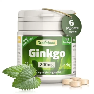 Abbildung von Ginkgo Biloba, 200 mg reiner Blattextrakt, hochdosiert (24% Flavone), 180 Presslinge Ohne künstliche Zusätze. Gentechnik. Vegan.