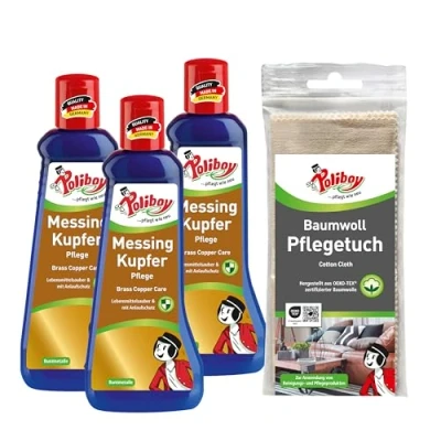 Abbildung von POLIBOY Messing Kupfer Pflege Glanzpolitur gegen Anlaufstellen Messingputzmittel Mit Carnaubawachs 3x 200 ml Baumwolltuch Made in Germany