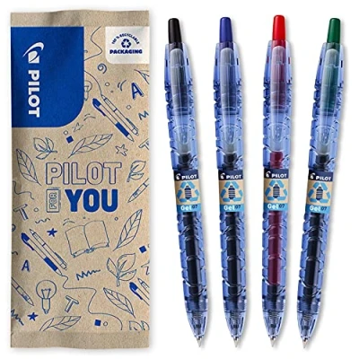 Abbildung von PILOT Bottle 2 Pen Gel 0.7, Gelschreiber, Hergestellt aus recyceltem Kunststoff (Schwarz, Blau, Rot, Grün), mittlere Spitze, 1 Stück (4er Pack)