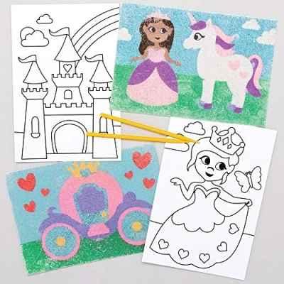 Abbildung von Baker Ross AX124 Sandkunst Bilder mit Prinzessinenmotiv, selbstklebende vorgestaltete für Kinder, Glitzerkunst (8 Stück), Mittel