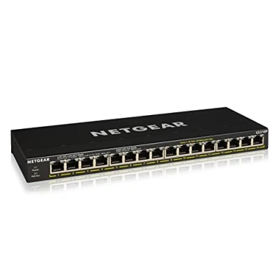Abbildung von Netgear GS316P 16 Port Gigabit Ethernet LAN PoE Switch (mit 16x PoE+ 115W erweiterbar, Plug and Play Netzwerk Switch, Desktop oder Wandmontage, lüfterloses Metallgehäuse), schwarz