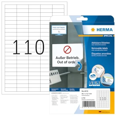 Abbildung von HERMA 4210 Universal Etiketten ablösbar, 25 Blatt, 38,1 x 12,7 mm, 110 pro A4 Bogen, 2750 Stück, selbstklebend, bedruckbar, matt, blanko Papier Klebeetiketten Aufkleber, weiß