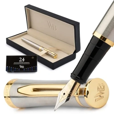 Abbildung von Wordsworth &amp; Black Füllfederhalter Set, Feine Feder, Enthält 24 Tintenpatronen Und Tintennachfüllkonverter, Geschenketui, Journaling, Kalligraphie, Glatte Schreibstifte [Silver Gold]