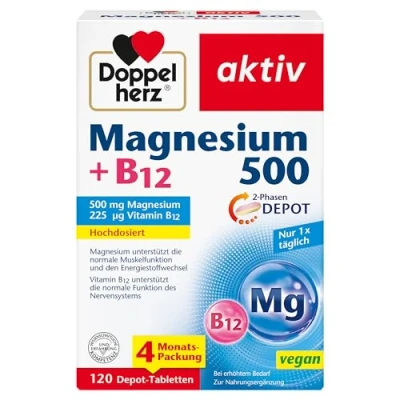 Abbildung von Doppelherz Magnesium 500 + B12 2 Phasen Hochdosiert mit mg pro Depot Tablette vegan 120 Tabletten
