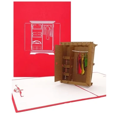 Abbildung von Pop Up Karte Kleiderschrank 3D Geburtstagskarte &amp; Glückwunschkarte als Gutschein Shopping Einkaufsgutschein Geschenkverpackung