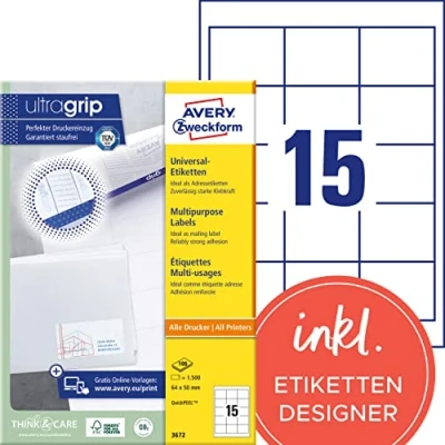 Abbildung von AVERY Zweckform 3672 Adressaufkleber (1.500 Klebeetiketten, 64x50mm auf A4, Papier matt, individuell bedruckbare Absenderetiketten, selbstklebende Adressetiketten mit ultragrip) 100 Blatt, weiß