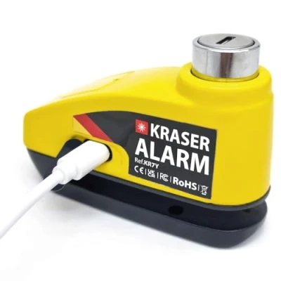 Abbildung von KRASER KR7Y Motorrad Bremsscheibenschloss mit Alarm 110 dB, Wiederaufladbar, USB Kabel Typ C zum Aufladen des Akkus, Erinnerungskabel, Universal ø7 mm Diebstahlsicherung für