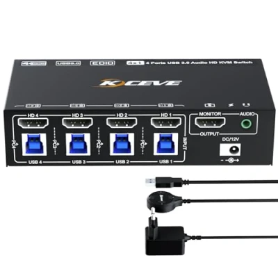 Abbildung von 8K@60Hz HDMI 2.1 KVM Switch 4 PC, YOUTINGHDAV Port, EDID Emulator, 4K @120Hz PC 1 Monitor Teilen Maus Tastatur, mit Wired Remote