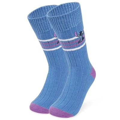 Abbildung von Disney Bettsocken für Damen Warme Stitch Baby Yoda Hausschuhe Socken Rutschfeste Einheitsgröße Frauen Geschenke (Blau Stitch)