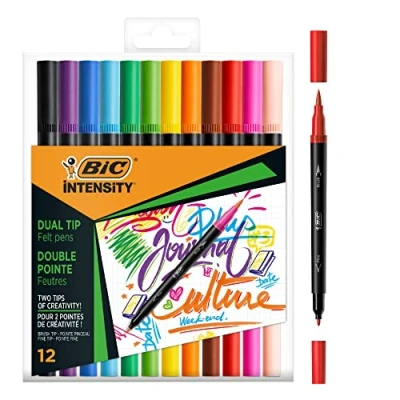 Abbildung von BIC Intensity Filzstifte Set, Dual Tip Brush Pen zum Malen in 12 verschiedenen Farben, mit Pinsel &amp; feiner Spitze