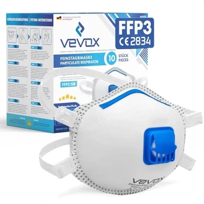 Abbildung von VEVOX® FFP3 Atemschutzmasken Im 10er Set mit Komfort Plus Abdichtung Staubschutzmaske Ventil Für den zuverlässigsten Schutz