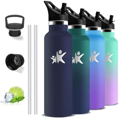 Abbildung von Trinkflasche Edelstahl, 1l, BPA Frei, mit Strohhalm, Isolierflasche Doppelwandig, Metall, Große Trinkflasche, Wasserflasche für Wandern, Fitness, Camping, Yoga