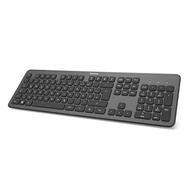 Abbildung von Hama Kabellose Tastatur &quot;KW 700&quot; (leise Tastatur, deutsches Tastenlayout QWERTZ mit Nummernblock für PC und Laptop, flache 12 Media Tasten, laserbeschriftete Funktastatur) schwarz, silber