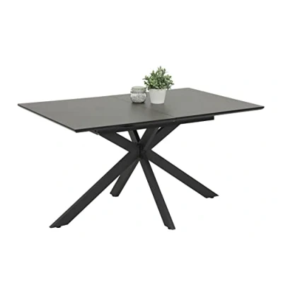 Abbildung von Apollo Esstisch Ausziehtisch Fenja, Holzwerkstoff + 5mm Glasplatte, Keramikoptik Schwarz, Spinnengestell Anthrazit, ausziehbar 140 180x90cm