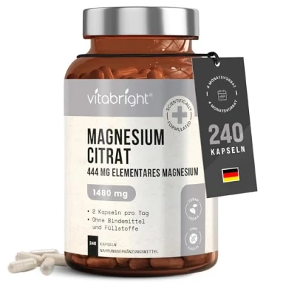 Abbildung von Magnesiumcitrat 1480mg, 240 Magnesium Hochdosiert Kapseln (444mg Elementares Pulver) Pur Pulver Kapseln, Citrat/Magnesium Citrate VitaBright