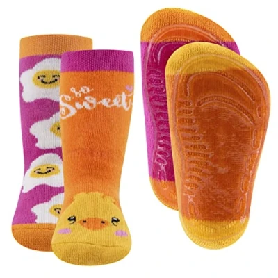 Abbildung von EWERS 2er Pack Stoppersocken mit Motiv Küken &amp; Ei, Socken Antirutschsohle für Mädchen, Anti Rutsch Gummisohle, MADE IN GERMANY, 2 Paar rutschfeste Kindersocken, Größe 18 19
