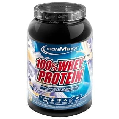 Abbildung von IronMaxx 100% Whey Protein Pulver Blaubeere Käsekuchen 900g Dose zuckerreduziertes, wasserlösliches Eiweißpulver aus Molkenprotein viele verschiedene Geschmacksrichtungen
