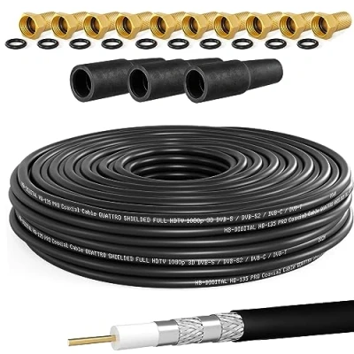 Abbildung von HB DIGITAL 20m Koaxialkabel SAT HQ135 PRO inkl. 3x Gummitüllen + 10x F Stecker vergoldet GRATIS dazu Satellit Antennenkabel 4 Fach geschirmt für DVB S/S2 C/C2 T/T2 DAB+Radio BK Anlagen
