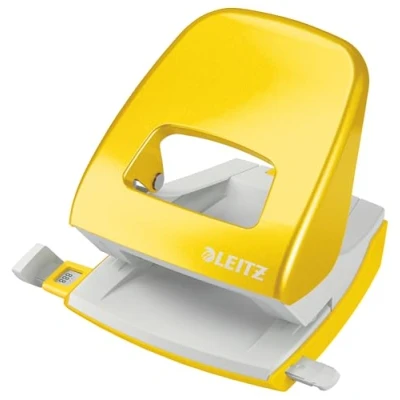Abbildung von Leitz Büro Locher aus Metall, Für 30 Blatt, Anschlagschiene mit Formatvorgaben, Ergonomisches Design, gelb, WOW Serie, 50081016