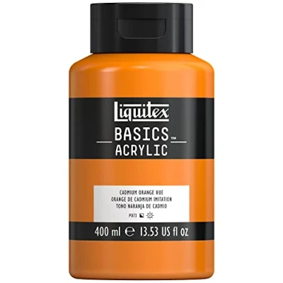 Abbildung von Liquitex 8870317 Basics Acrylfarbe, monopigmentierte Künstlerpigmente, lichtecht, mittlere Viskosität, Archivqualität, seidenglänzender Finish, 400ml Flasche Kadmiummiumorange Farbton