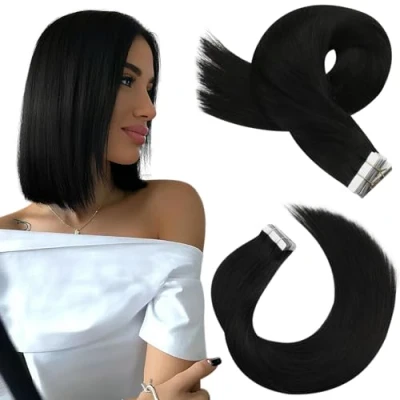 Abbildung von Moresoo Tape Extensions Echthaar Schwarzes Haar Nahtlose Unsichtbar Remy in Haarverlängerungen Natürliche Tapes Off Schwarz 35 cm Seidenglatt 20 Stück 40g #1B