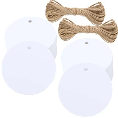 Abbildung von G2PLUS 100 Stk. Weiß Geschenkanhänger, Rund Anhänger Etiketten, 5.5 CM kraftpapier Etiketten Tags mit Jute Schnur, Blanko Papieranhänger für Art &amp; Craft Projekt