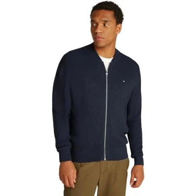 Abbildung von Tommy Hilfiger Herren Strickjacke Cardigan mit Reißverschluss Structure Baseball Zip Through ohne Kapuze, Blau (Desert Sky), S