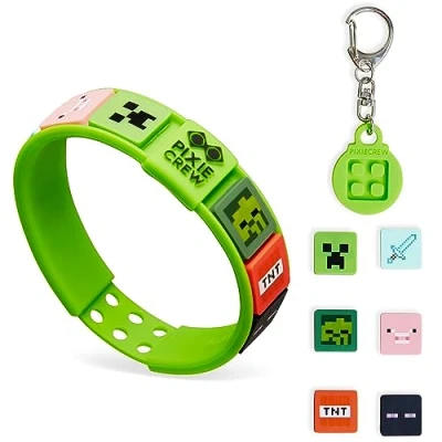 Abbildung von Minecraft Armband Schlüsselanhänger Kinder Set Gamer Geschenke (Grün und Set)