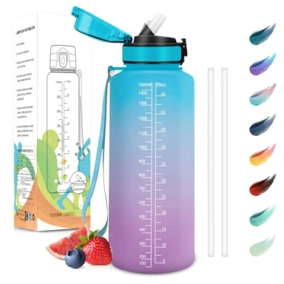 Abbildung von Motswedi Trinkflasche, 1500ml BPA Frei, Trinkflasche mit Strohhalm, Kohlensäure Geeignet,Trinkflasche Sport, Auslaufsicher, Wasserflasche, Sport für Yoga, Schule, Outdoors, Blau Lila