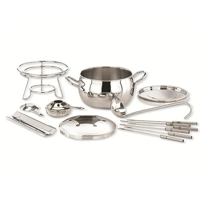 Abbildung von APS Fondue und Feuerzangenbowle Set, Zuckerzange, Feuerzange, Topf, Edelstahldeckel, hochglanzpoliert, Gestell, verchromt, Schöpfkelle, für ca. 2,2 Liter Flüssigkeit, Ø22 cm, 23 cm Höhe