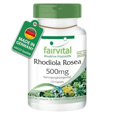 Abbildung von Fairvital Rhodiola Rosea Kapseln 500mg 120 Rosenwurz Wurzel Extrakt HOCHDOSIERT Vegan 3% Rosavin (15mg) / 1% Salidrosid (5mg)