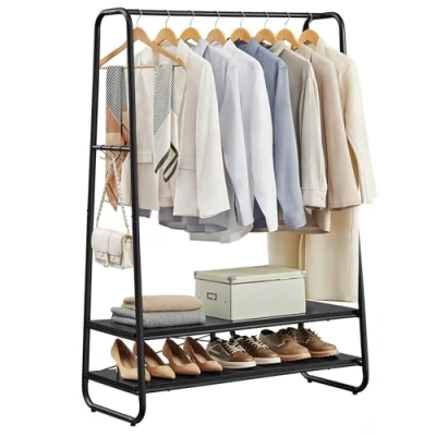 Abbildung von VASAGLE Kleiderständer, Garderobenständer, Garderobe, 2 Ablagen, 6 Haken in S Form, Stahlgestell, für Schlafzimmer, Flur, Eingangsbereich, ebenholzschwarz Mattschwarz RGR112B03