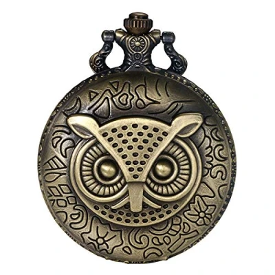 Abbildung von JewelryWe Taschenuhr Retro Eule Quarz Analog Uhr mit Kette Halskette Bronze Geschenk für Herren Damen