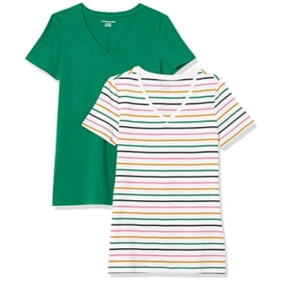 Abbildung von Amazon Essentials Damen Kurzärmeliges T Shirt mit V Ausschnitt, Klassischer Schnitt, 2er Pack, Dunkelgrün/Weiß Streifen, S