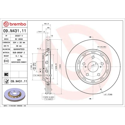 Abbildung von BREMBO 09.N431.11 Bremsscheibe 324 28 5 innenbelüftet beschichtet hochgekohlt