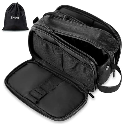 Abbildung von Elviros Kulturbeutel PU Leder für Reise Herren, große wasserdichte Waschtasche Männer, Kulturtasche im Badezimmer, Handgepäck, Kosmetiktasche mit einem Nass Trockenbeutel, Schwarz