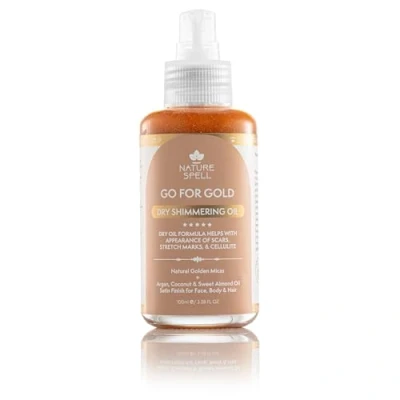 Abbildung von Nature Spell Golden Dry Shimmering Oil For Face, Body &amp; Hair 100ml Natural Shimmer 100% Vegan Made in UK N848