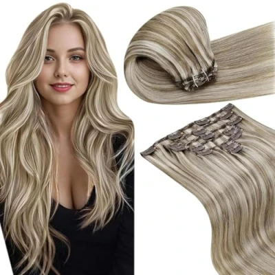 Abbildung von LaaVoo Clip in Extensions Braun Haarverlängerung Echthaar Hellbraun mit Platinblond 45cm Doppelt Tressen 105g/7Stück