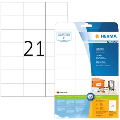 Abbildung von HERMA 8634 Adressetiketten, 320 Blatt, 70 x 42,3 mm, 21 pro A4 Bogen, 6720 Stück, selbstklebend, bedruckbar, matt, blanko Papier Adressaufkleber Etiketten, weiß