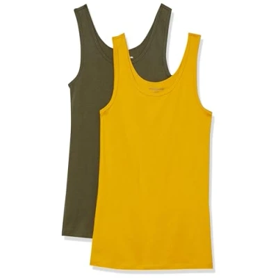 Abbildung von Amazon Essentials Damen Tanktop schlanke Passform, 2er Pack, Dunkles Olivgrün/Gold, XXL