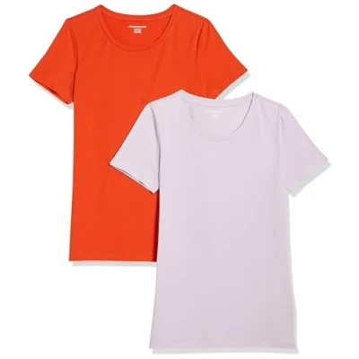 Abbildung von Amazon Essentials Damen Kurzärmeliges T Shirt mit Rundhalsausschnitt, Klassischer Schnitt, 2er Pack, Lavendel/Tomatenrot, XXL