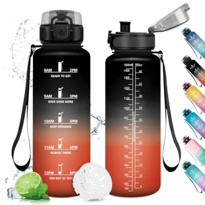 Abbildung von Trinkflasche Sport 1.5L, Wasserflasche Auslaufsicher mit Zeitmarkierung, Trinkflaschen Kohlensäure Geeignet, Filter, Sportflasche für Fitness, Gym, Schule, Outdoor, Yoga