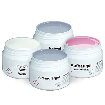 Abbildung von GS Nails UV Gel Set Babyboomer 4x 15ml Nagel für Nail Art &amp; Design Haft Gel, mittelviskoses Aufbau Pink milchig, Versiegelungs French soft Weiß 60ml