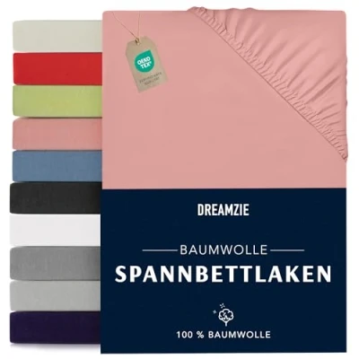Abbildung von Dreamzie Spannbettlaken 90x190/200cm Baumwolle Oeko Tex Zertifiziert Rosa 100% Jersey Spannbetttuch 90x190/200