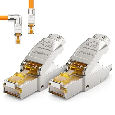 Abbildung von deleyCON 2x CAT 6a Netzwerkstecker 90 Winkel Stecker RJ45 Werkzeuglos Geschirmt 10 Gbit/s Netzwerk für Starre Verlegekabel Rohkabel Steckverbinder Ethernet LAN DSL Patchkabel