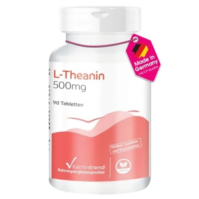 Abbildung von L Theanin 500mg 90 Tabletten Aminosäure pro Tagesdosis hochdosiert sichere Dosierung vegan bioverfügbare Supplements aus Deutschland Vitamintrend
