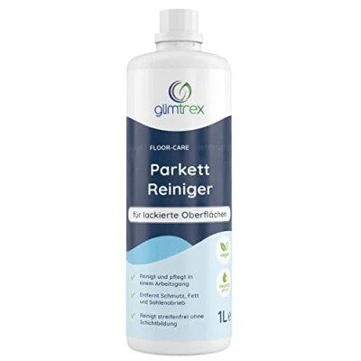 Abbildung von glimtrex Floor Care Parkettreiniger lackiert (1,0l) mit 2 in 1 Funktion reinigt &amp; pflegt lackierte Holzböden und oberflächen einem Arbeitsgang Parkett Fleckenentferner